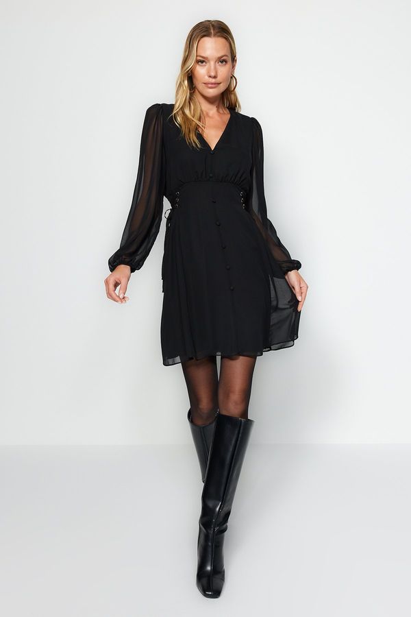 Trendyol Trendyol Black Eyelet Detail and Buttons Lined Chiffon Woven Dress