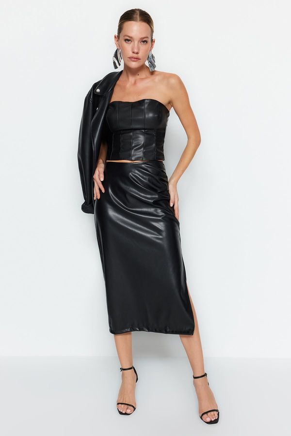 Trendyol Trendyol Black Faux Leather Midi Skirt