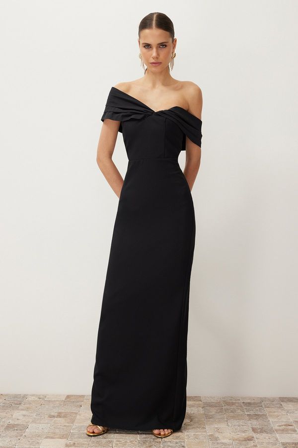 Trendyol Trendyol Black Fitted Asymmetric Collar Poplin Detail Long Evening Dress