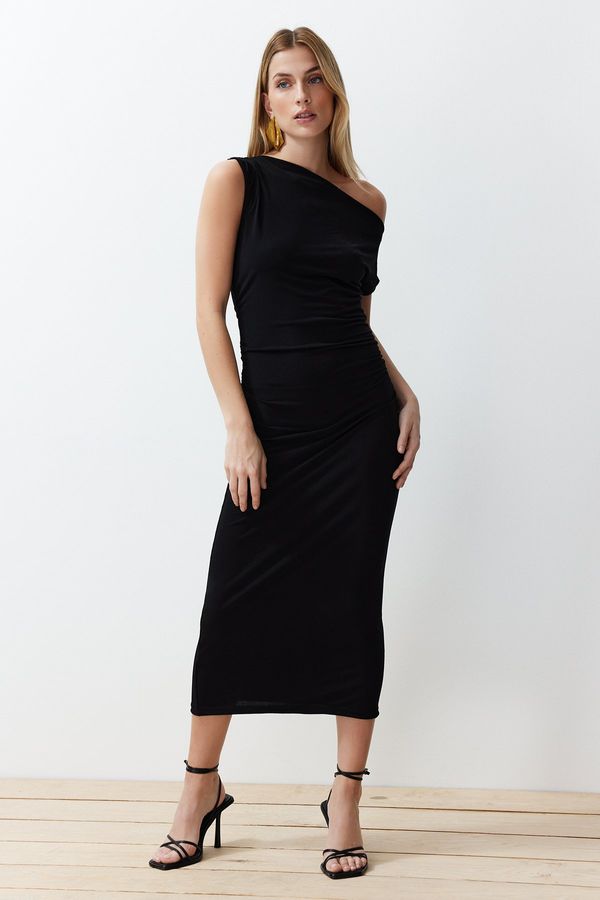 Trendyol Trendyol Black Fitted Body-Fitted Boat Neck Zero Sleeve Flexible Knitted Knitted Midi Dress