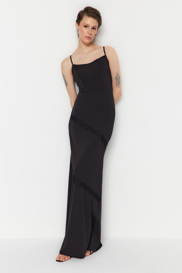 Trendyol Trendyol Black Fitted Evening Dress With Knitted Lace