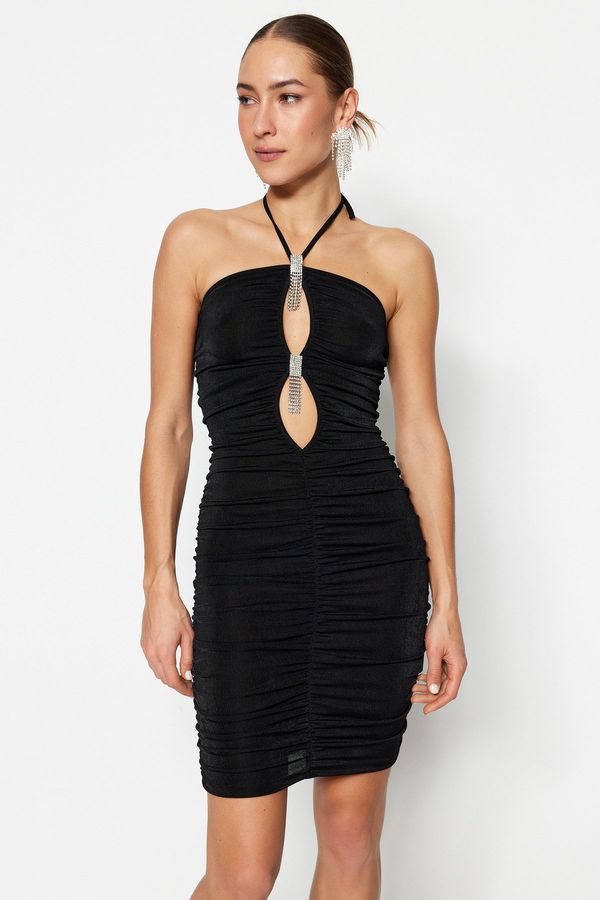 Trendyol Trendyol Black Fitted Evening Dress with Window/Cut Out Detailed in Knitting with Shiny Stones