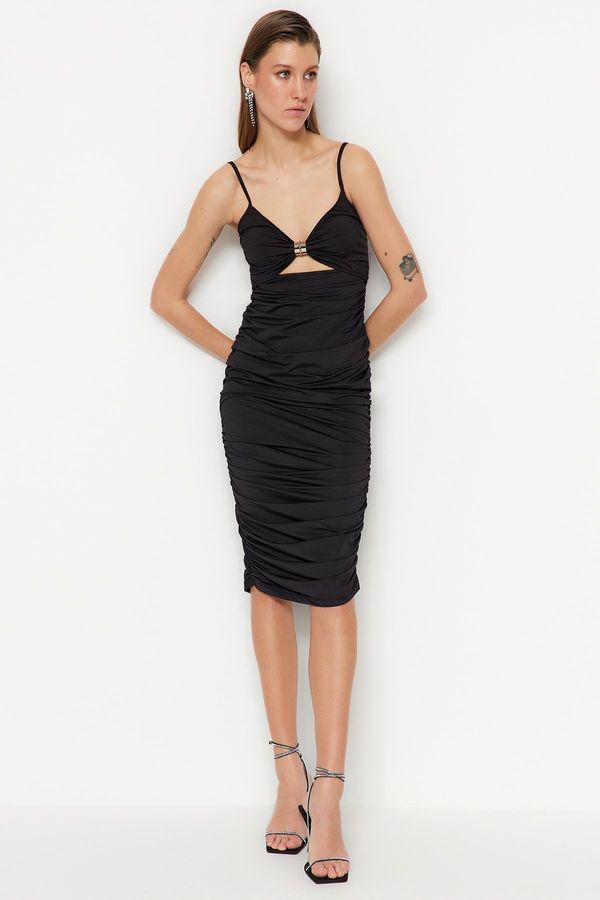 Trendyol Trendyol Black Fitted Knitted Window/Cut Out Detailed Evening Dress