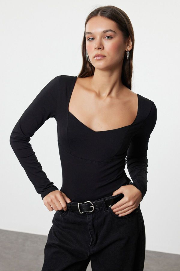 Trendyol Trendyol Black Fitted Long Sleeve Sweetheart Neckline Cotton Stretch Knitted Blouse