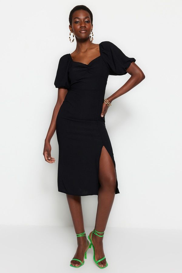 Trendyol Trendyol Black Fitted Midi Woven Dress with Slit and Back Detail