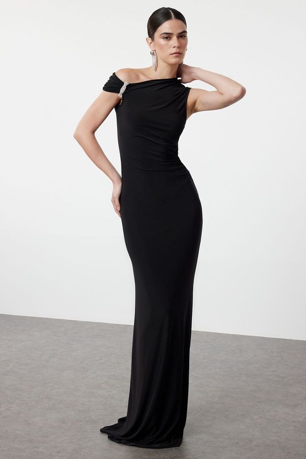 Trendyol Trendyol Black, Fitted, Stone Accessoryed, Woven Long Elegant Evening Dress