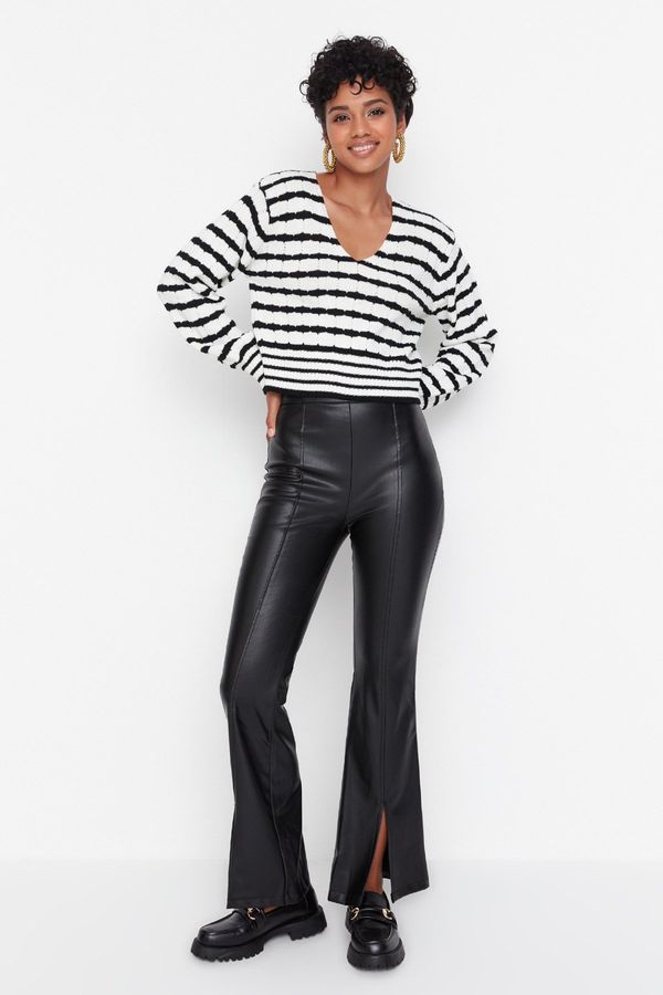 Trendyol Trendyol Black Flare Flare Woven Faux Leather Cuff Detail Trousers