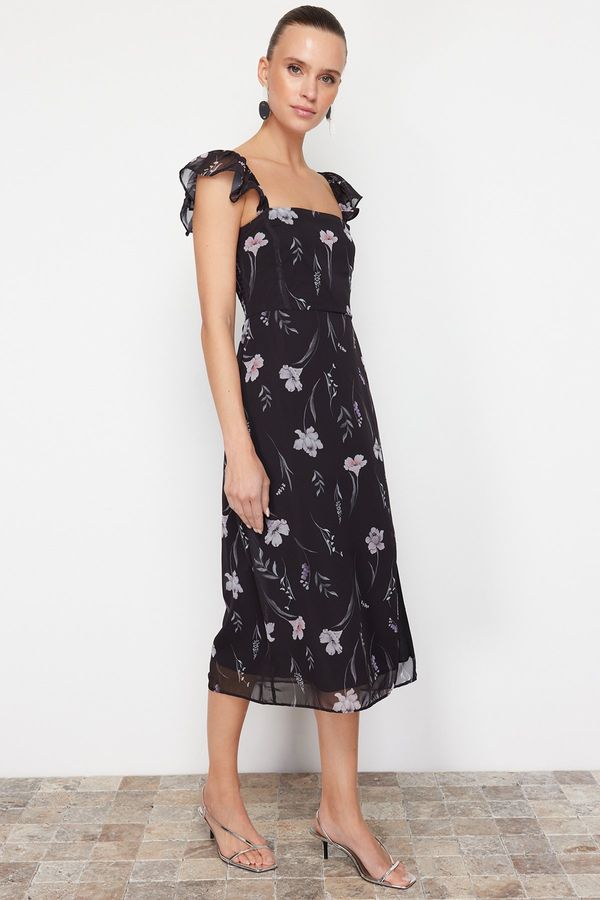 Trendyol Trendyol Black Floral A-Line Sleeves Flounce Midi Woven Dress