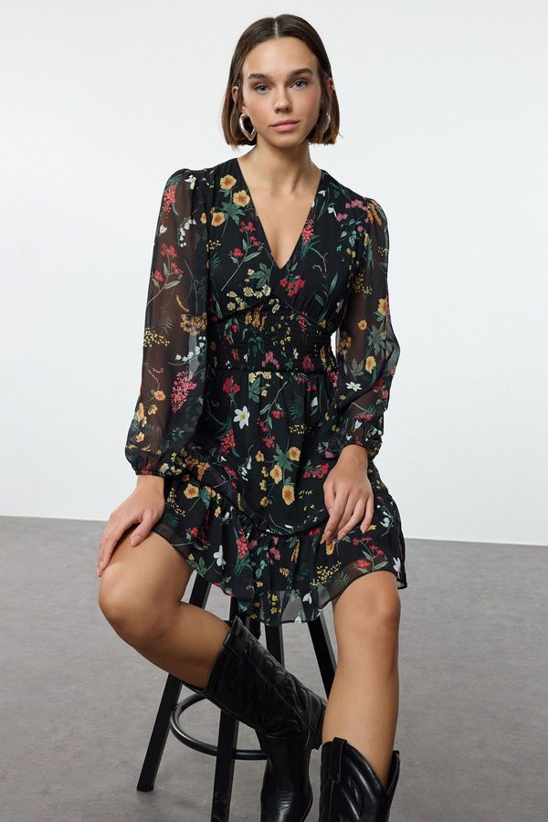 Trendyol Trendyol Black Floral Patterned Mini Woven Dress with Waist Opening Skirt and Gipe Detail