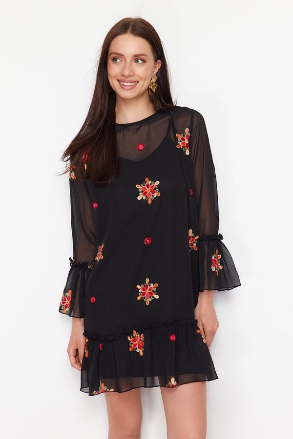 Trendyol Trendyol Black Floral Shift Chiffon Lined Mini Woven Dress