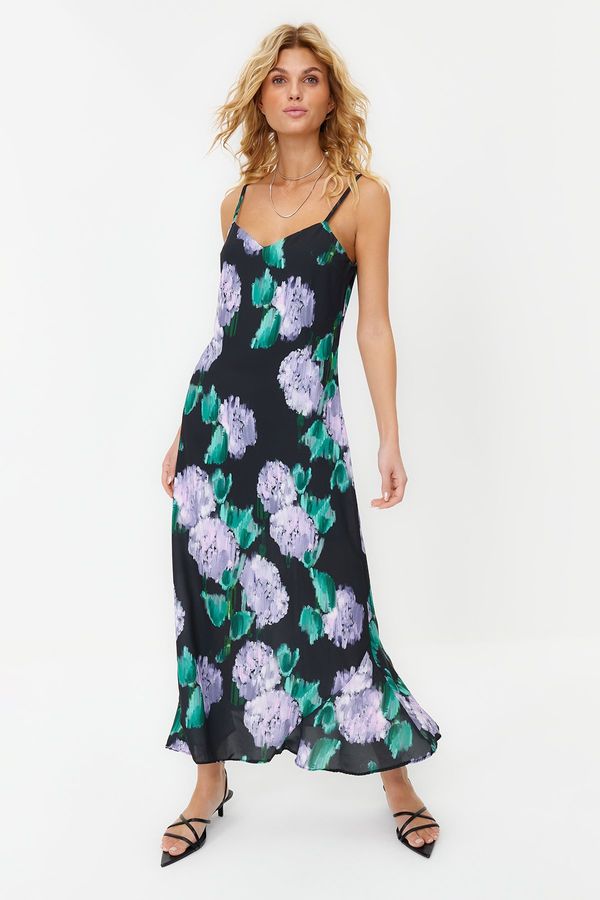 Trendyol Trendyol Black Floral Strappy Shift/Straight Cut Satin Maxi Lined Woven Dress