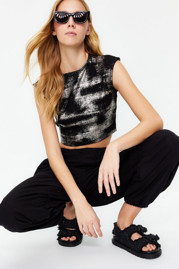 Trendyol Trendyol Black Foil/Glossy Print Fitted Crop Cotton Stretch Knit Blouse