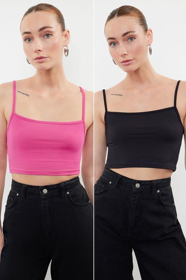 Trendyol Trendyol Black-Fuchsia 2 Pack Polyamide Content Strappy Crop Fitted Flexible Knitted Undershirt