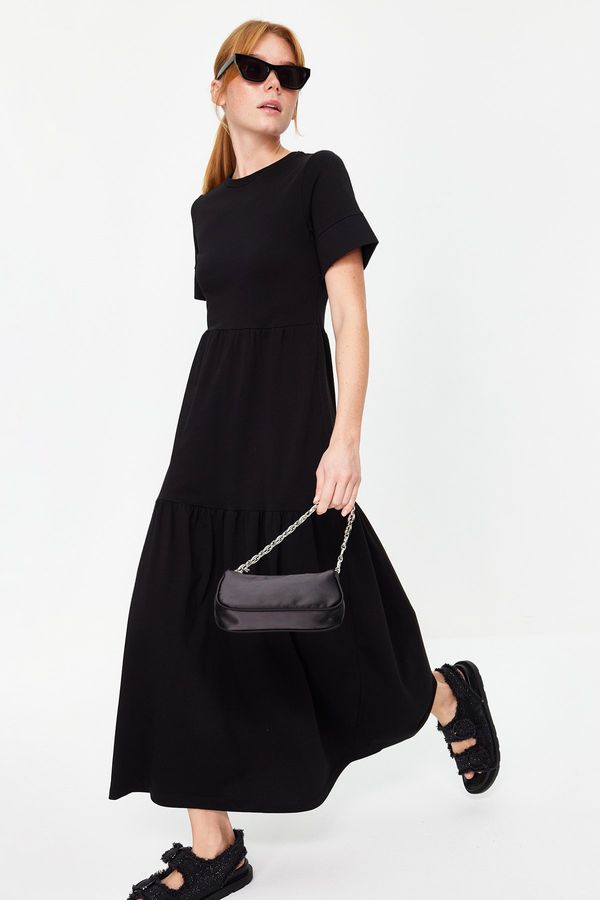 Trendyol Trendyol Black Gathered Skirt Ruffle Maxi Short Sleeve Crew Neck Knitted Dress