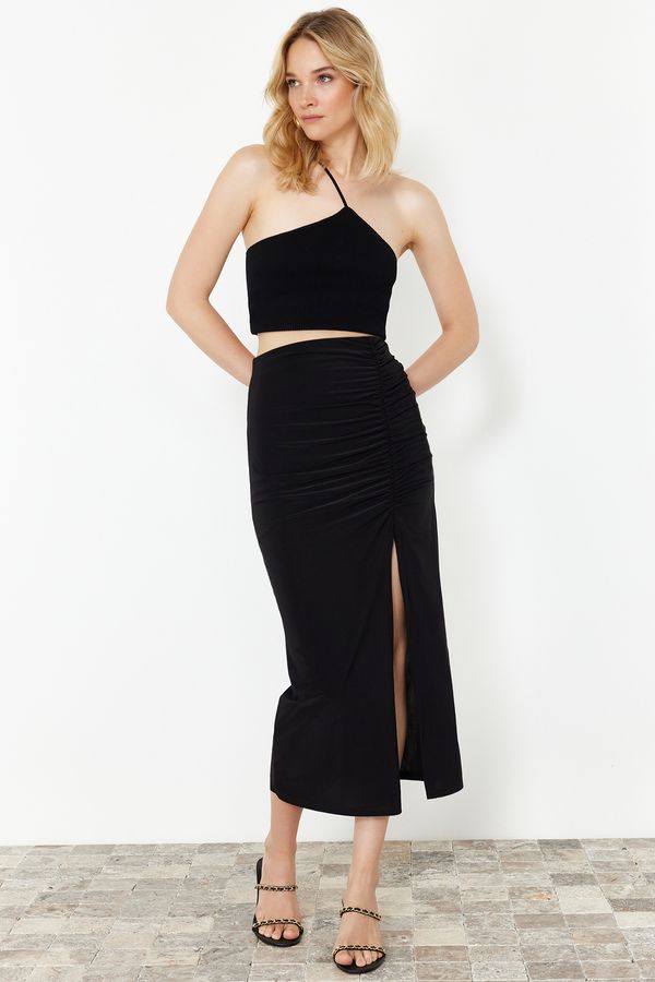 Trendyol Trendyol Black Gathered Slit Lined Flexible Midi Skirt