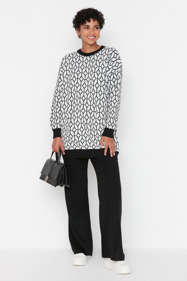 Trendyol Trendyol Black Geometric Pattern Sweater-Pants Knitwear Set