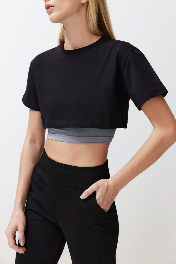 Trendyol Trendyol Black Gray Melange 2-Layer Reflector Print Detailed Crop Knitted Sports T-Shirt