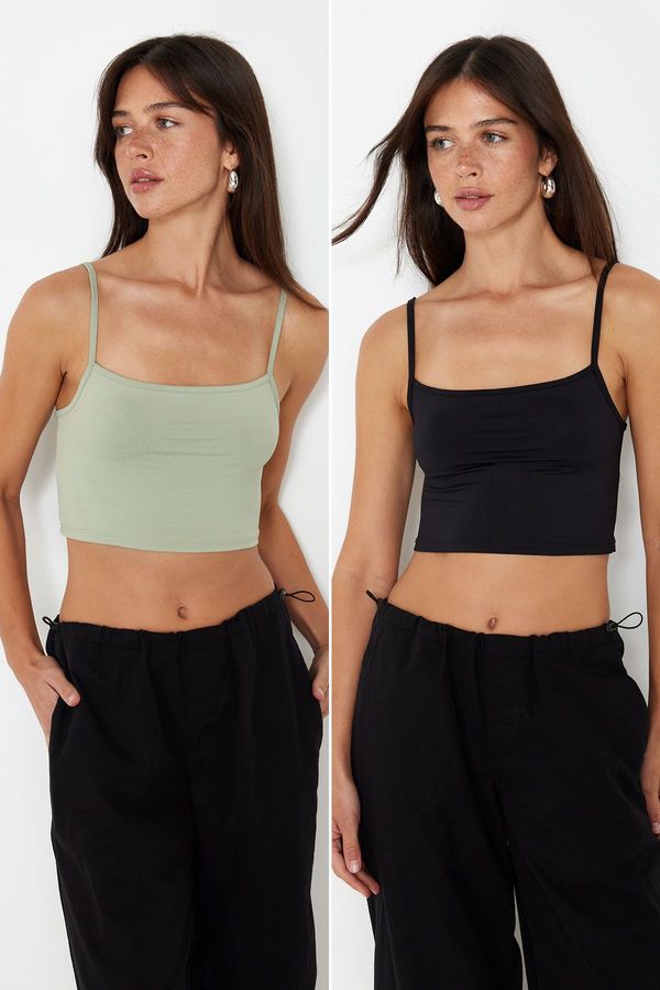 Trendyol Trendyol Black-Green 2 Pack Polyamide Content Strappy Crop Fitted Flexible Knitted Undershirt