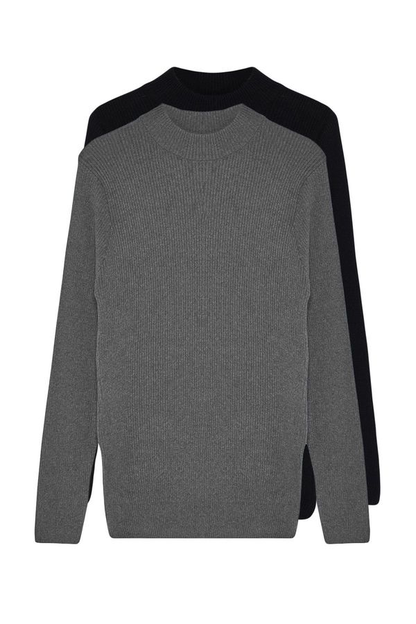 Trendyol Trendyol Black-Grey FL Men's Fitted Half Turtleneck Plain Knitwear Sweater