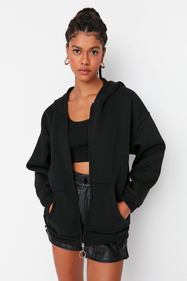 Trendyol Trendyol Black Hooded With Zipper Oversized, Fleece Inside Knitted Sweatshirt