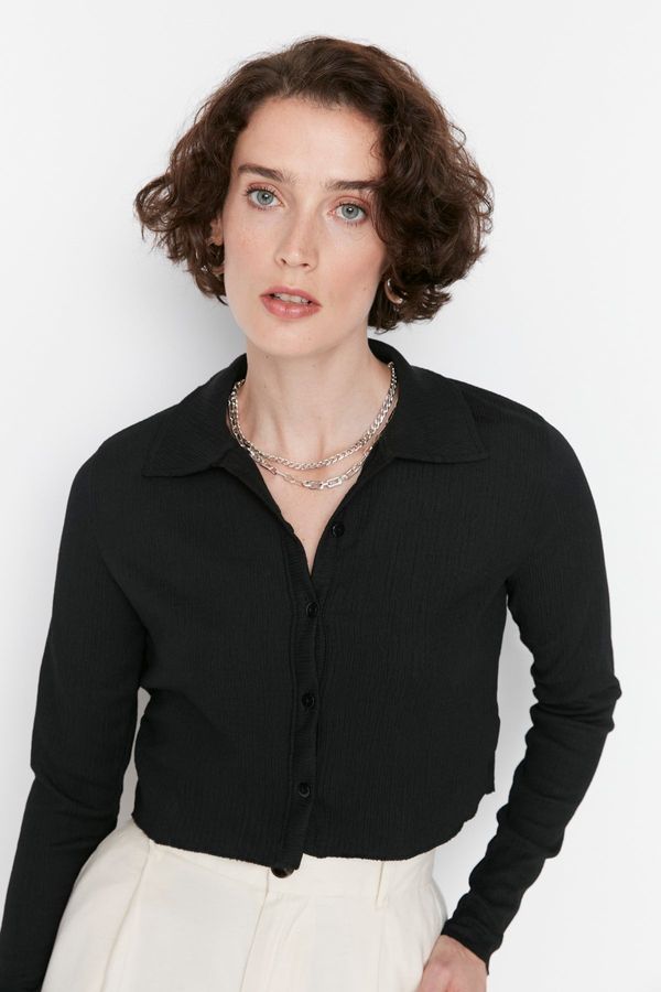 Trendyol Trendyol Black Knitted Blouse with Buttons/Fitted Polo Neck Creme/Textured Crop