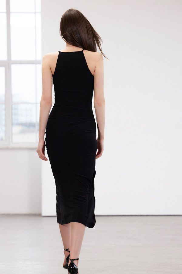 Trendyol Trendyol Black Limited Edition Halter Neck Draped Slit Fitted Knitted Maxi Dress