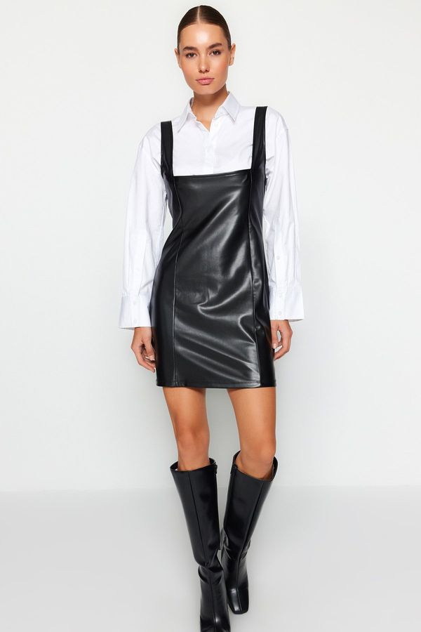 Trendyol Trendyol Black Lined Faux Leather Square Collar Mini Gilet Knitted Dress