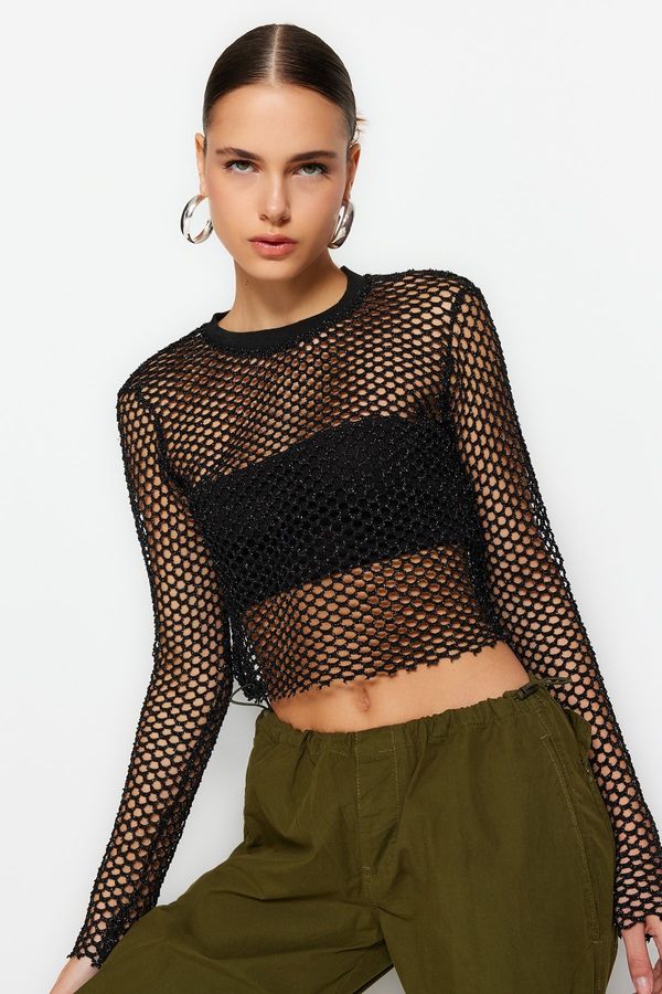 Trendyol Trendyol Black Lurex Mesh Relaxed Cut Crew Neck Crop Knitted Blouse