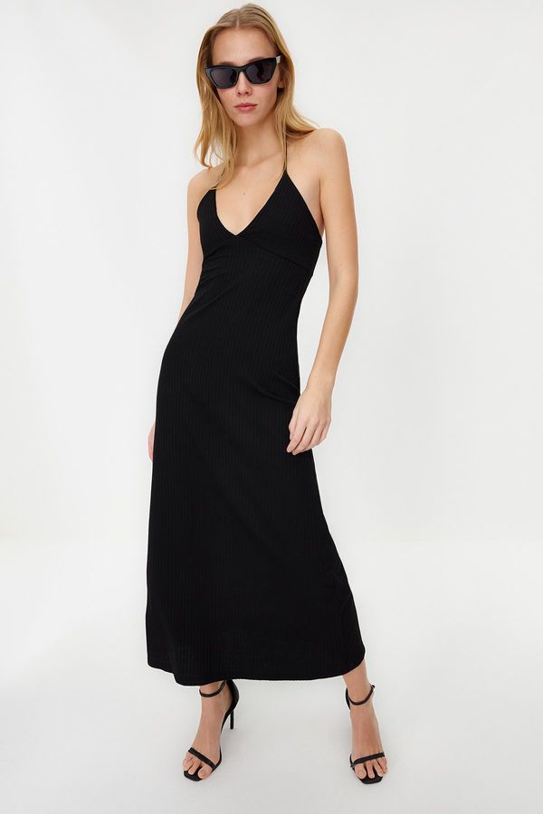 Trendyol Trendyol Black Maxi Length Ribbed Halter Fitted/Sleeping Knit Dress