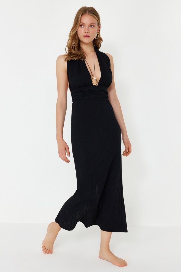 Trendyol Trendyol Black Maxi Woven Back Low-cut Linen Blended Beach Dress