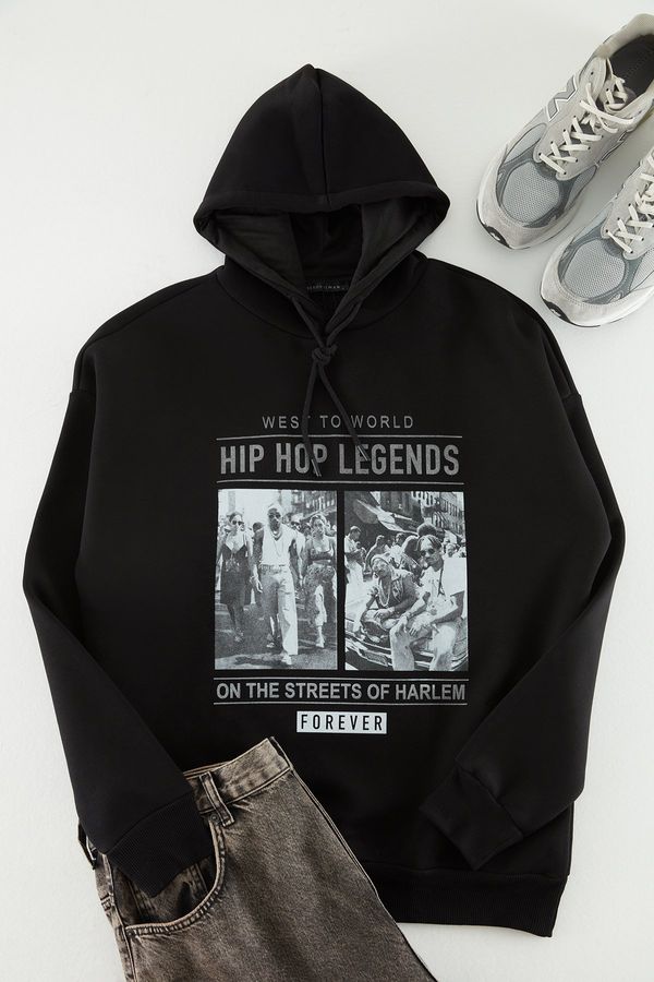 Trendyol Trendyol Black Men's Oversize/Wide Cut Rap Music Printed Cotton Sweatshirt with Fleece Inside