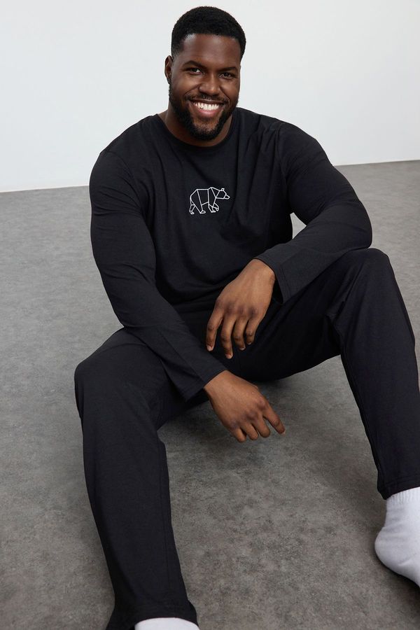 Trendyol Trendyol Black Men's Regular Embroidered Knitted Plus Size Pajama Set