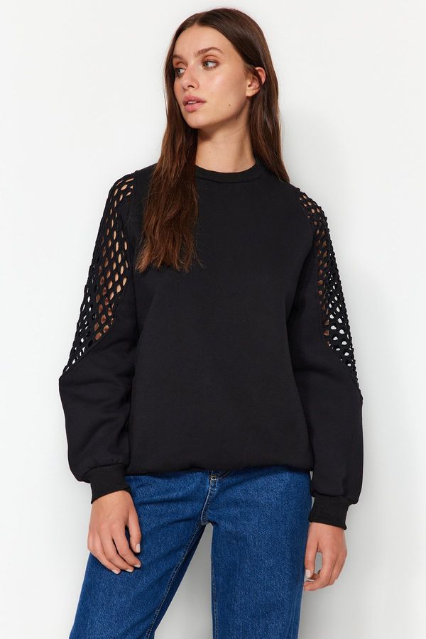 Trendyol Trendyol Black Mesh Detail Thick Fleece Inside Regular/Normal Knitted Sweatshirt