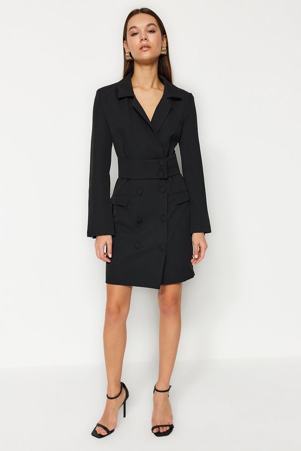 Trendyol Trendyol Black Mini Woven Dress with Belt and Button Detail