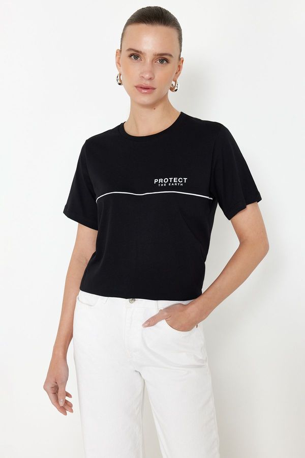 Trendyol Trendyol Black More Sustainable 100% Cotton Relaxed/Crop Piping and Printed Knitted T-Shirt