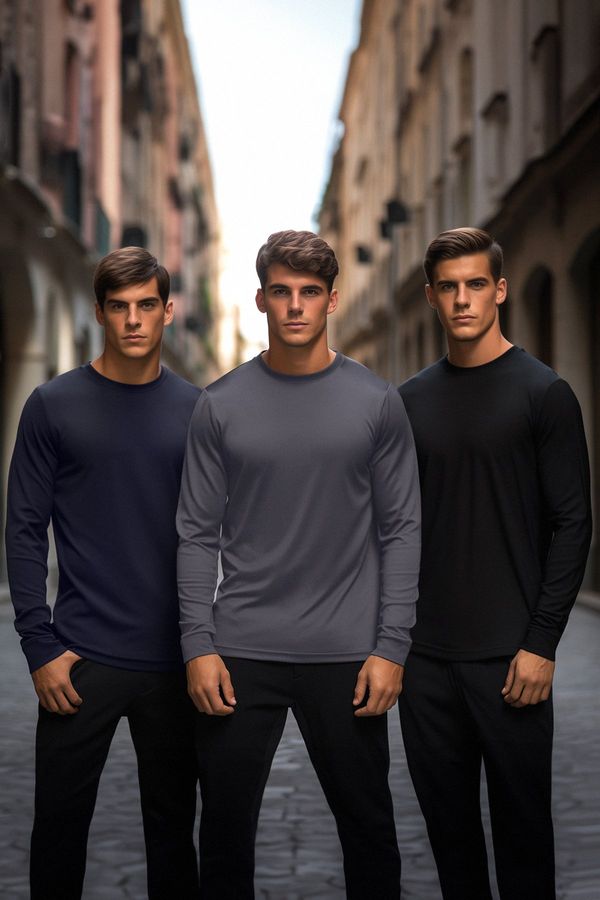 Trendyol Trendyol Black-Navy Blue-Anthracite Regular/Normal Cut 3-Pack Basic 100% Cotton T-Shirt