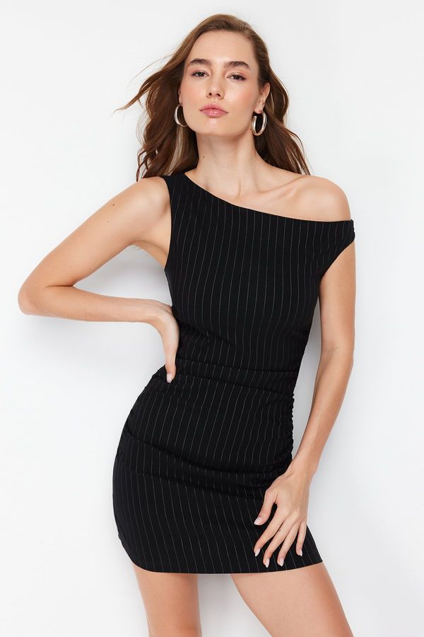 Trendyol Trendyol Black One Shoulder Mini Striped Stretchy Mini Woven Dress