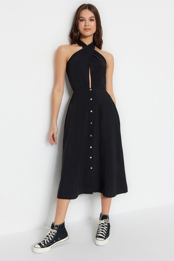 Trendyol Trendyol Black Open Waist Buttoned Collar Detailed Midi Woven Dress