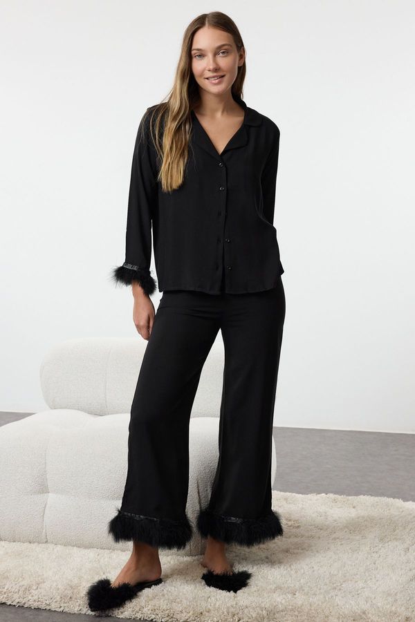 Trendyol Trendyol Black Otrish Detailed Viscose Woven Pajama Set