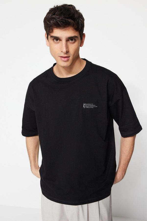 Trendyol Trendyol Black Oversize 100% Cotton Minimal Text Printed T-Shirt