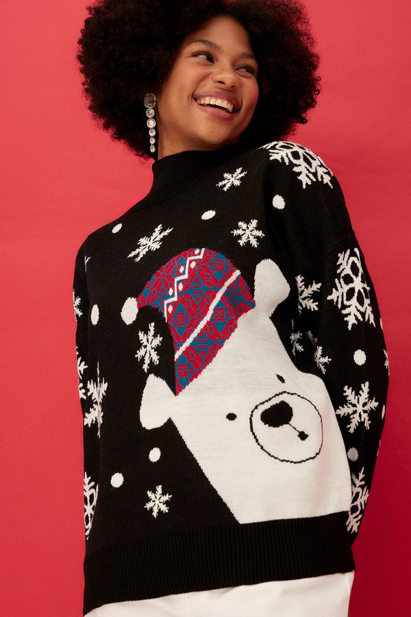 Trendyol Trendyol Black Oversize Christmas Theme Knitwear Sweater