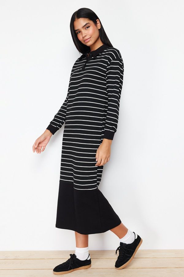 Trendyol Trendyol Black Oversize Polo Neck Knitted Striped Dress