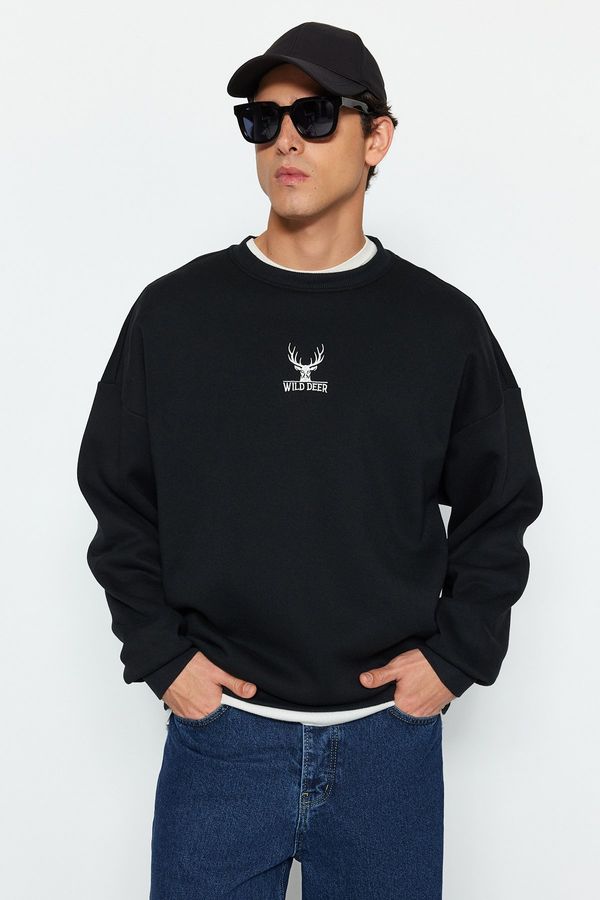 Trendyol Trendyol Black Oversize/Wide Cut Crew Neck Long Sleeve Animal Embroidery Sweatshirt