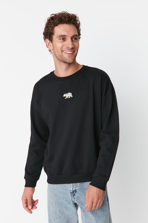 Trendyol Trendyol Black Oversize/Wide Cut Fit Animal Embroidery Fleece Inside Sweatshirt