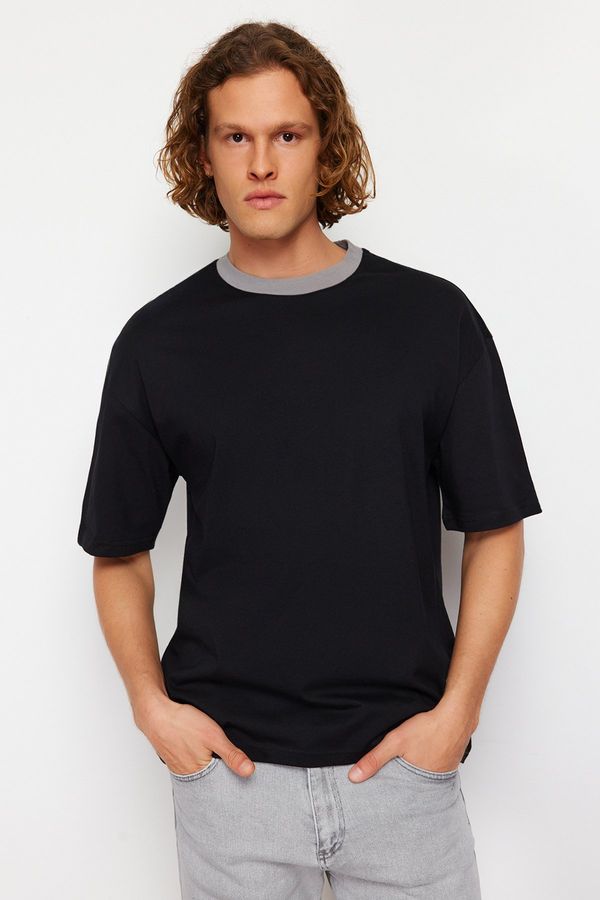 Trendyol Trendyol Black Oversize/Wide Cut Mystic Print Contrast Collar Rib 100% Cotton T-Shirt