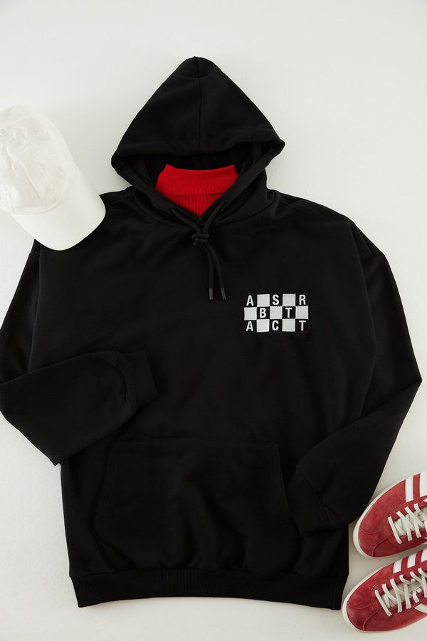 Trendyol Trendyol Black Oversize/Wide-Fit Hooded Text Embroidered Sweatshirt