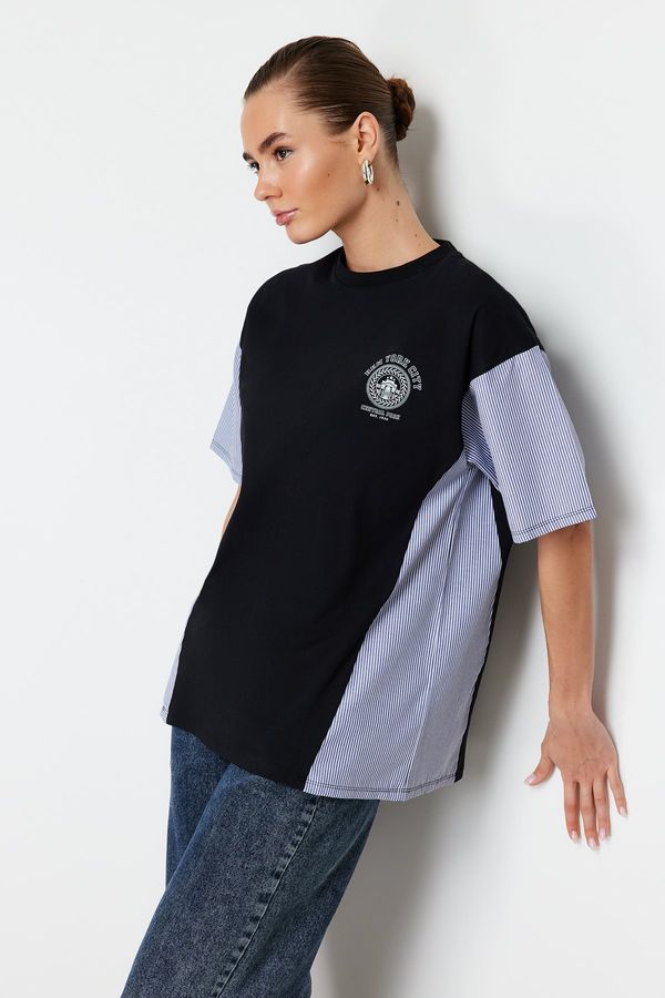 Trendyol Trendyol Black Oversize/Wide Fit Poplin Detail Printed Knitted T-Shirt