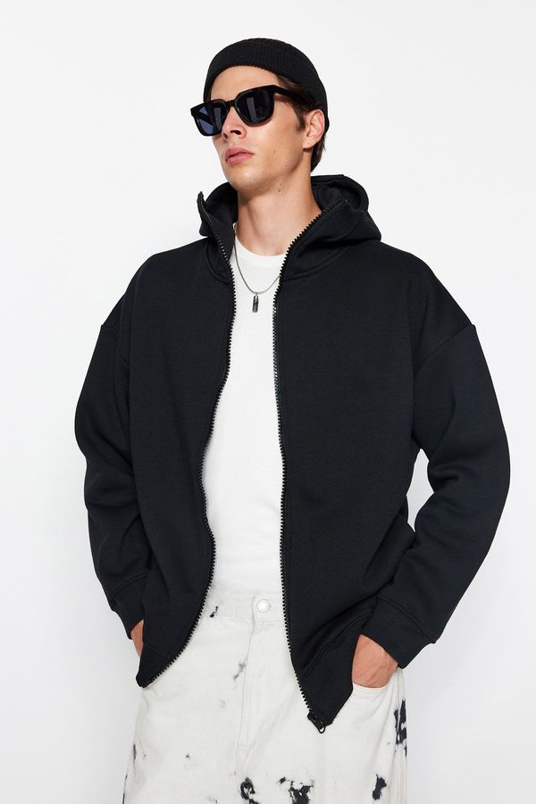Trendyol Trendyol Black Oversize/Wide-Fit Zippered Hooded Cotton Sweatshirt