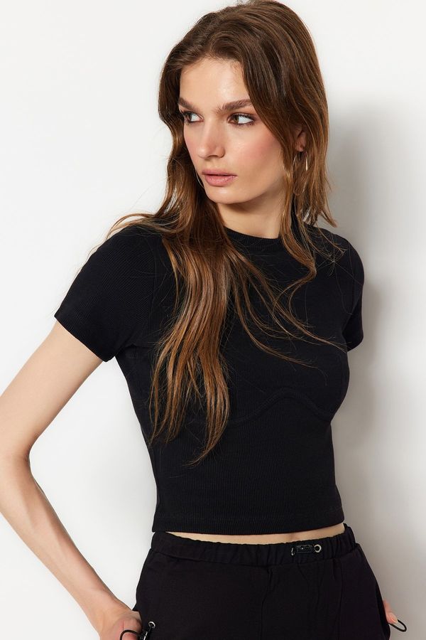 Trendyol Trendyol Black Piping Detailed Crew Neck Crop Ribbed Elastic Knitted Blouse