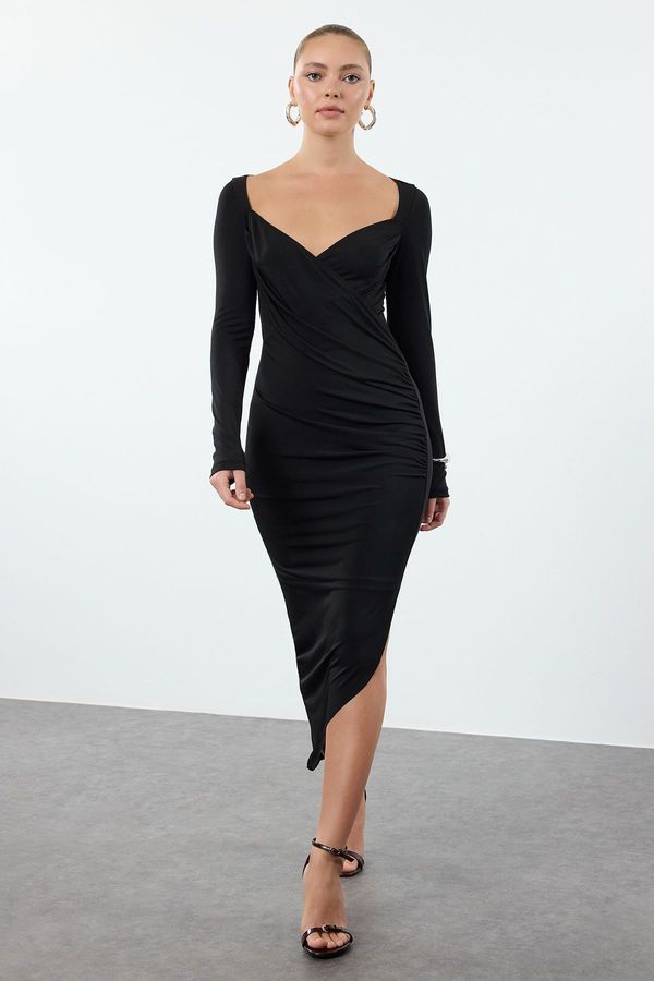 Trendyol Trendyol Black Plain Midi Gathered/Draped Asymmetrical Fitted/Fits Body Knit Dress